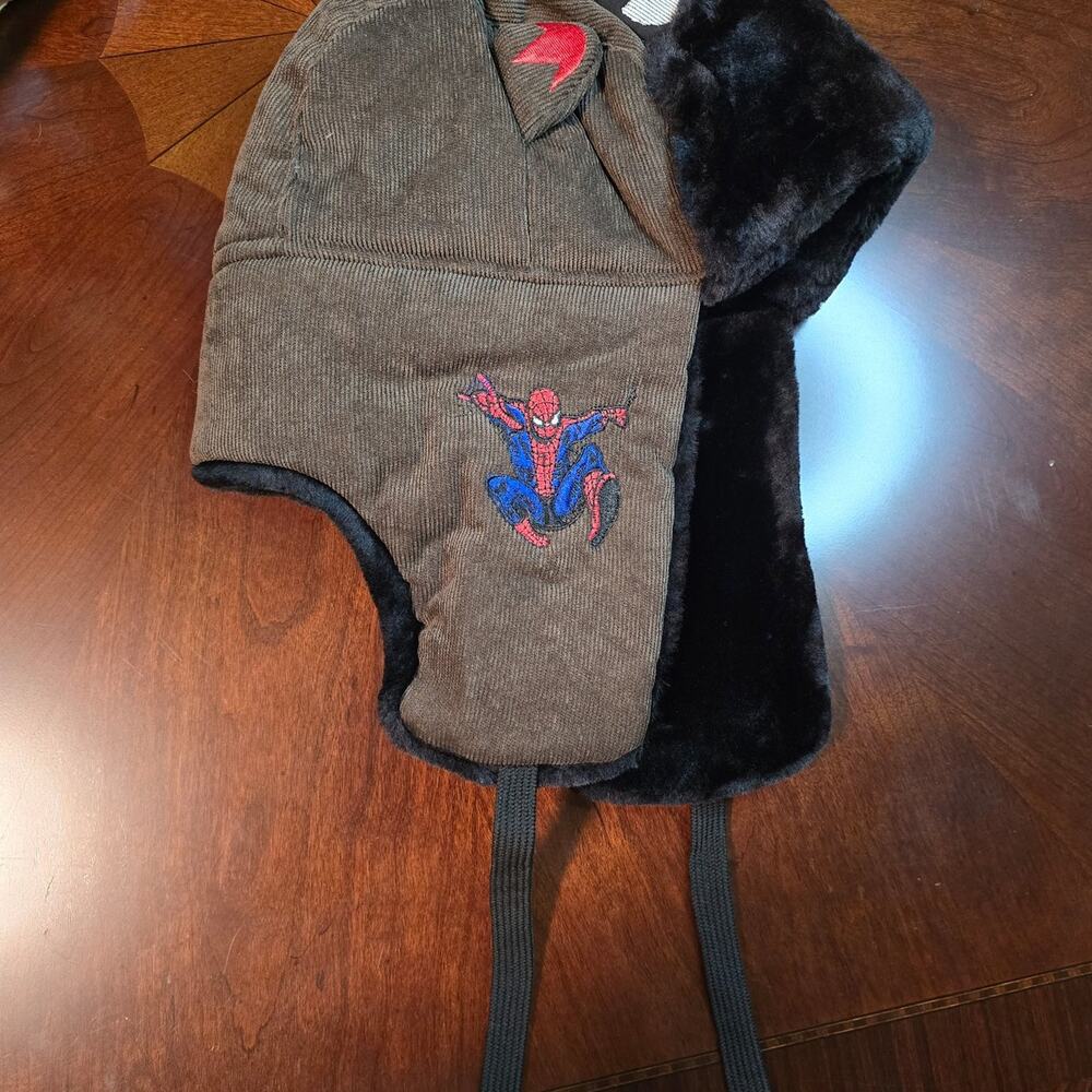 Minky spiderman trapper hat embroidered brown NWT.  Super NICE!